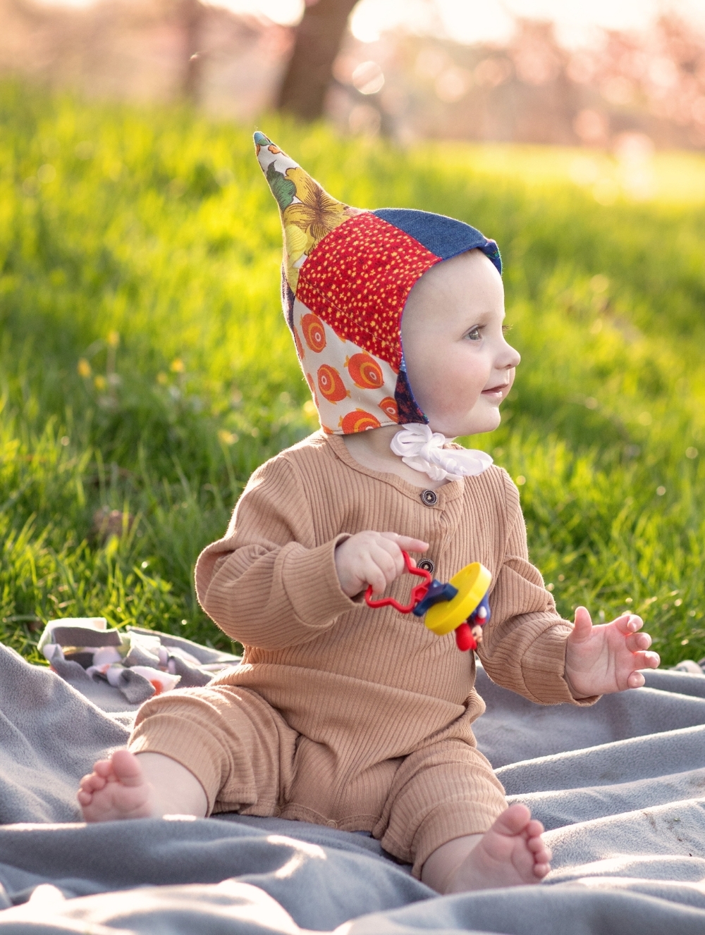 Upcycled Patchwork Baby Woodland Pixie Hat Bonnet Fully Lined 0-6 mo